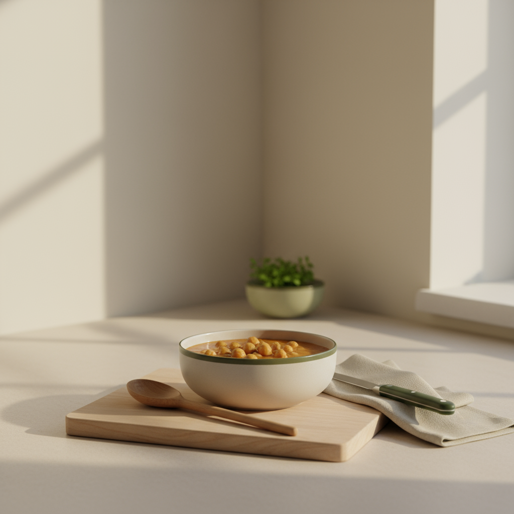 Heimelige europäische Küche mit Kichererbsen-Eintopf auf Holzbrett, #dbdbcf Hintergrund, dezente #a5cd8d Akzente und #21431f Kontrast — wann ist der schlimmste nikotinentzug vorbei