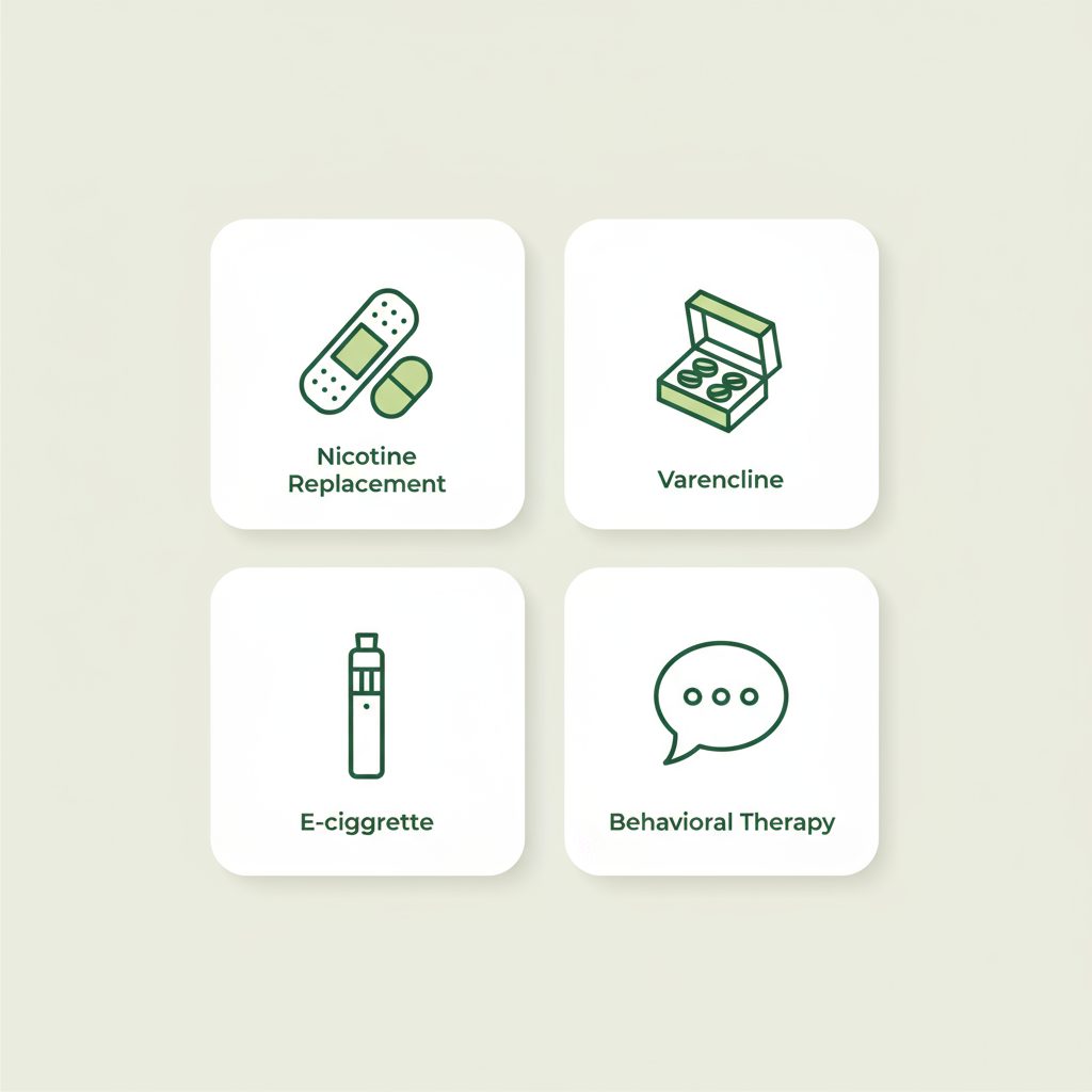 Vektorinfografik mit vier minimalistischen Icons zu Alternativen zur Zigarette: Nikotinersatz, Vareniclin, E‑Zigarette, Verhaltenstherapie im Schnell Lecker Farbstil
