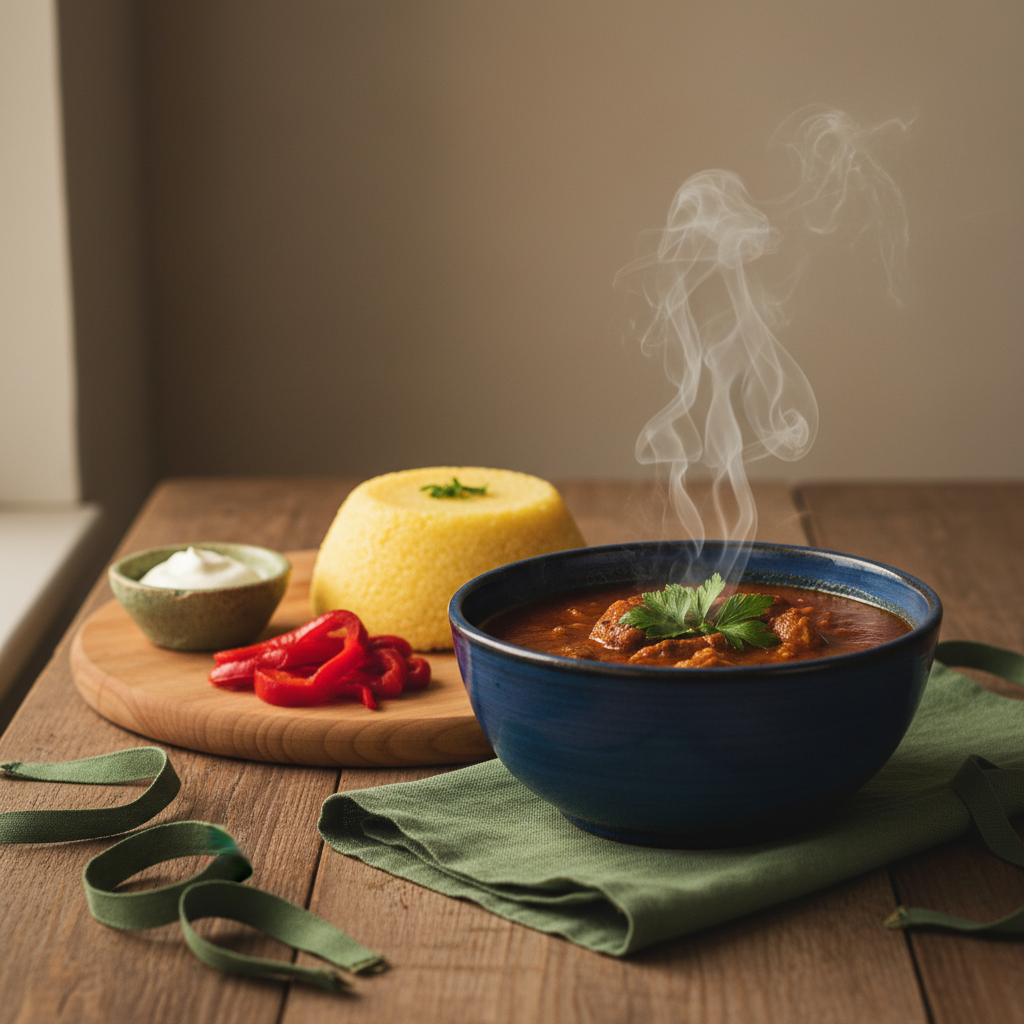 Close-up eines warmen, rustikalen europäischen Gerichts mit ungarisch-rumänischen Elementen als Alternativen zur Zigarette, minimalistischer Aufbau, Hintergrund #dbdbcf, dezente #a5cd8d Akzente.