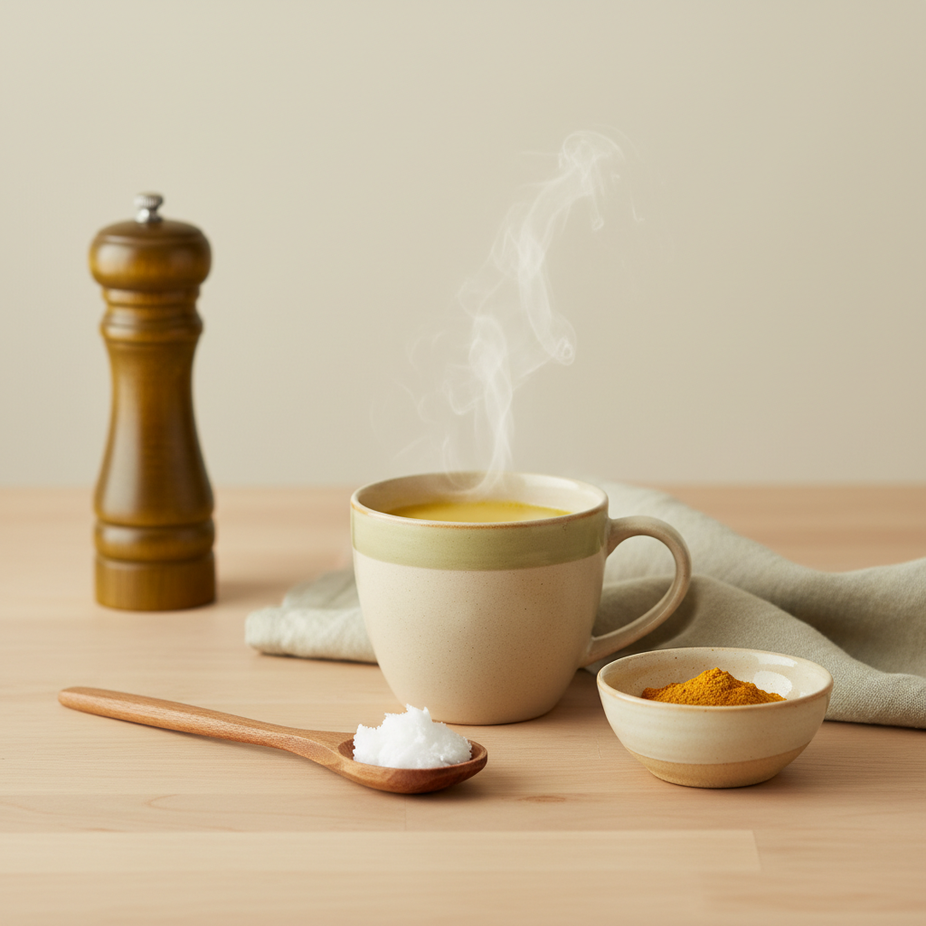 Dampfende Tasse Goldene Milch auf Holz mit Schale Kurkuma, Löffel Kokosöl und Pfeffermühle im Hintergrund, minimalistische Küche – goldene milch täglich trinken