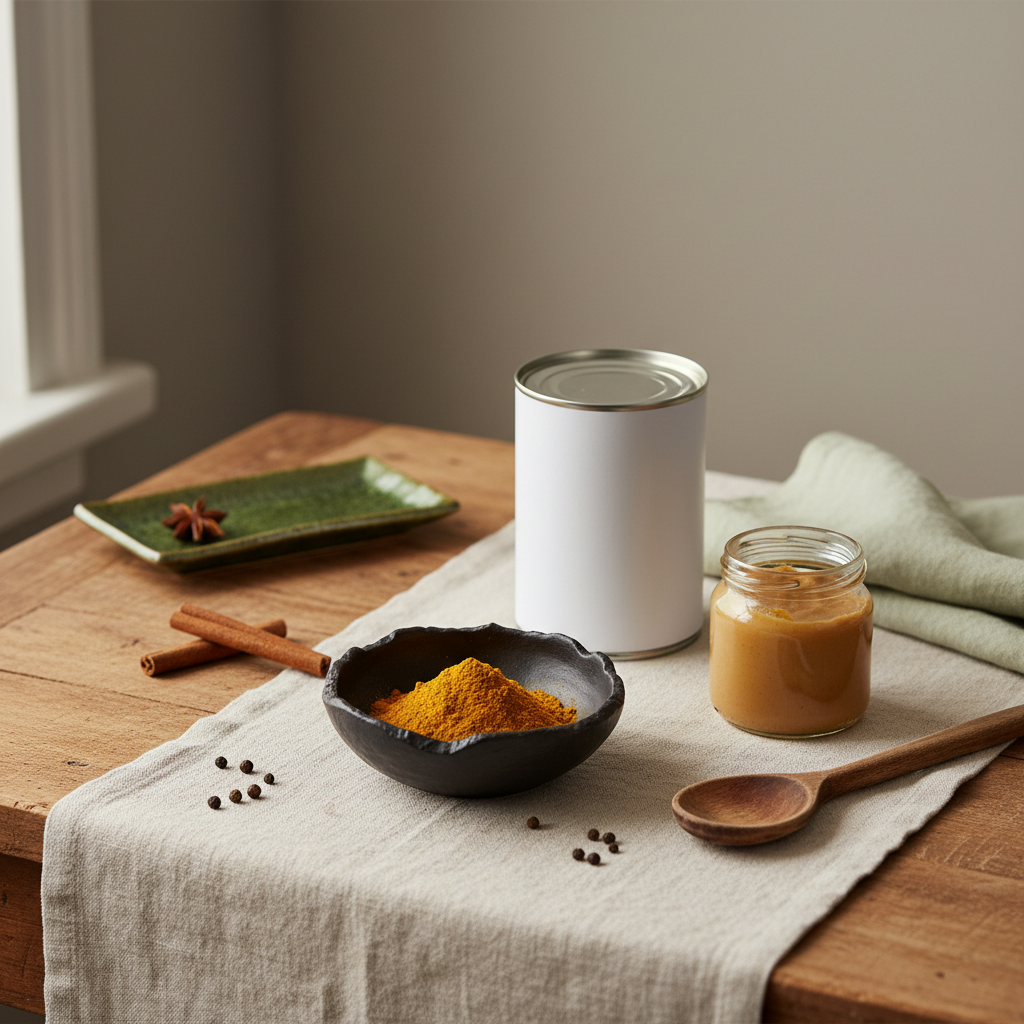 Minimalistische Küchenaufnahme mit Zutaten für goldene Milch: Kurkuma, Kokosmilchdose, Holzlöffel, Glas mit Paste auf #dbdbcf Hintergrund mit Akzenten #a5cd8d und #21431f.