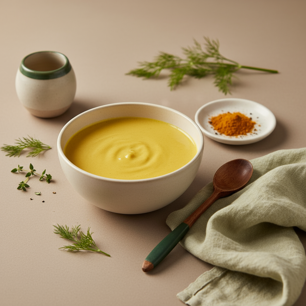 Vollbild: Schale mit Kurkumamilch und kleine Platte mit Kurkuma und schwarzem Pfeffer auf neutralem Hintergrund #dbdbcf mit Akzent #a5cd8d – Kurkumamilch Bauchfett