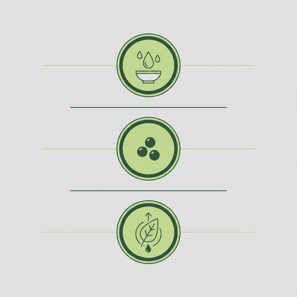 Minimalistische Vektor-Infografik Kurkumamilch Bauchfett: drei Icons für Fettbasis, Pfeffer und Bioverfügbarkeit in Schnell Lecker Farben (#dbdbcf, #a5cd8d, #21431f).