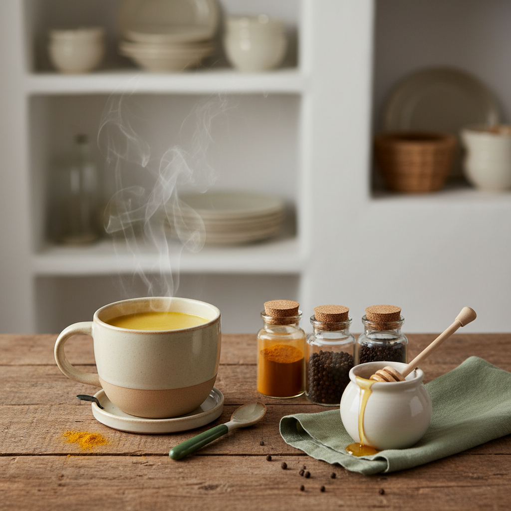 Nahaufnahme einer dampfenden goldenen Milch mit Gewürzgläsern (Kurkuma, Zimt, schwarzer Pfeffer) und Honigtopf auf Holztisch in heimischer Küche – Ist goldene Milch gut zum Abnehmen?
