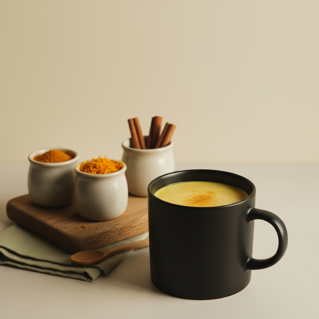 Tasse täglich Kurkumamilch auf hellem Hintergrund (#dbdbcf) mit kleinen Gläsern Kurkuma, Zimtstange und grüner Serviette (#a5cd8d), warmes Licht