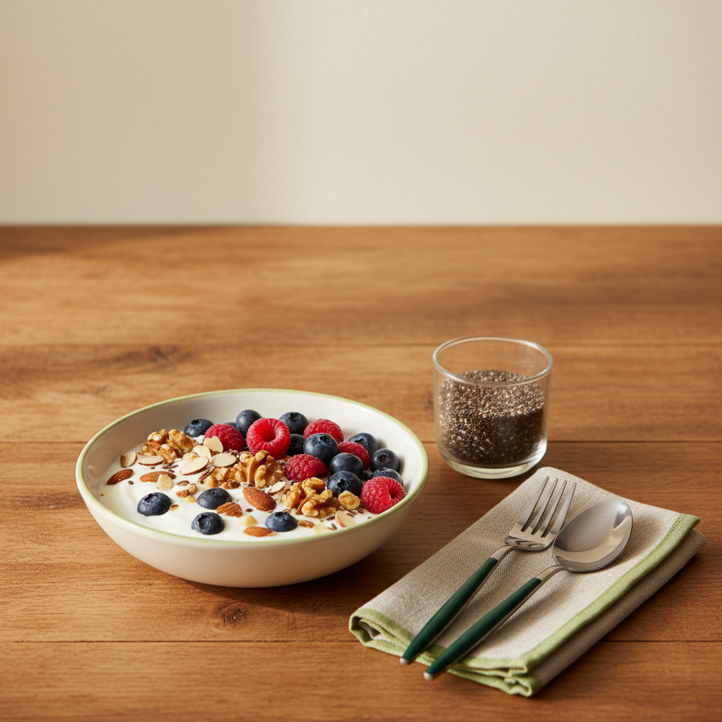 Nahaufnahme: griechischer Joghurt mit Beeren und Nüssen auf Holztisch, Glas mit Samen, Leinenserviette, warmes Licht, ruhiger Hintergrund, Joghurt am Morgen