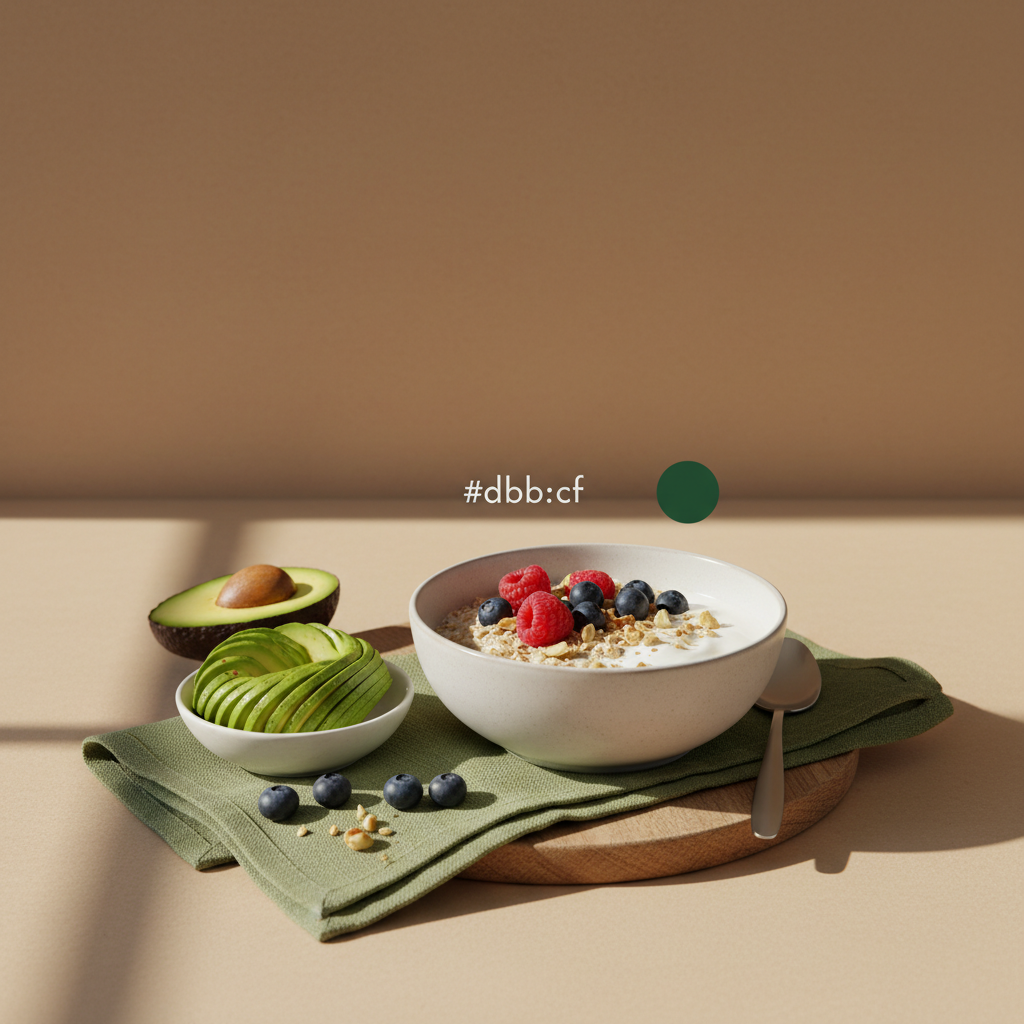 Erstes Essen am Morgen: Heimeliges, minimalistisches Frühstück mit Hafer, Joghurt, Beeren, Nüssen und Avocado vor neutralem Hintergrund #dbdbcf, grüner Akzent #a5cd8d.