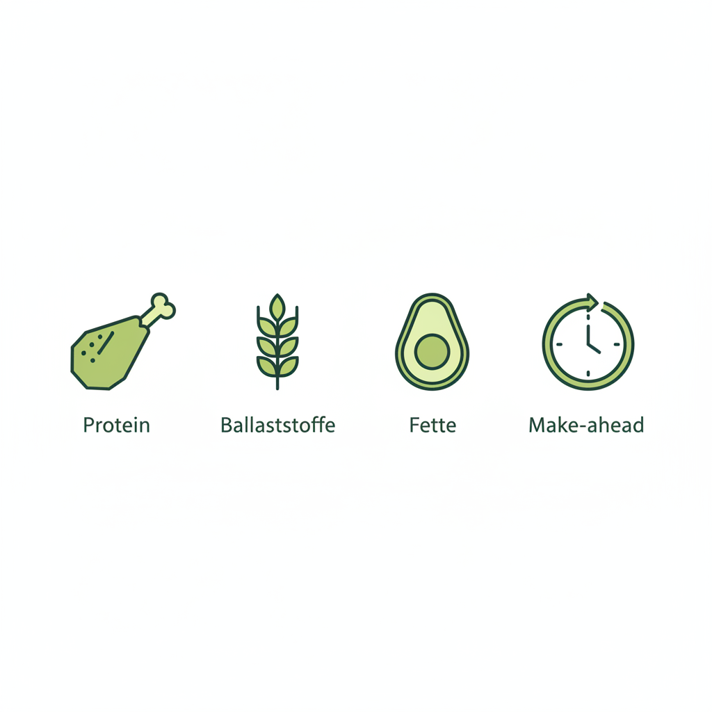 Minimalistische 2D-Vektor-Infografik mit vier Icons (Ei=Protein, Ähre=Ballaststoffe, Tropfen/Avocado=Fette, Uhr=Make-ahead) in Markenfarben für gesundes Frühstück.