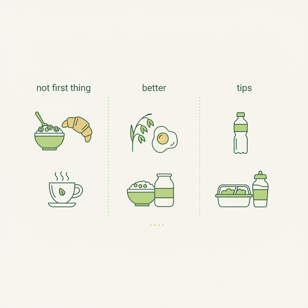 Minimale 2D-Vektor-Infografik frühstücksfehler: drei Spalten mit Icons für ungeeignete Frühstücksoptionen, bessere Alternativen und praktische Tipps.