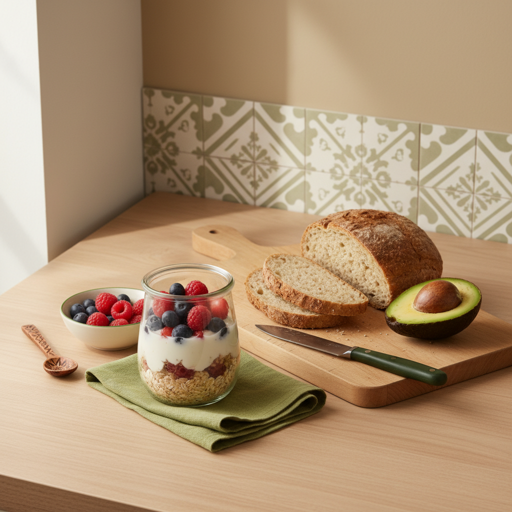 Minimalistisches Vollformatfrühstück mit Overnight-Oats im To‑Go-Glas, Avocadohälften und Vollkornbrot auf Holzbrett in warmer Küche – frühstücksfehler vermeiden
