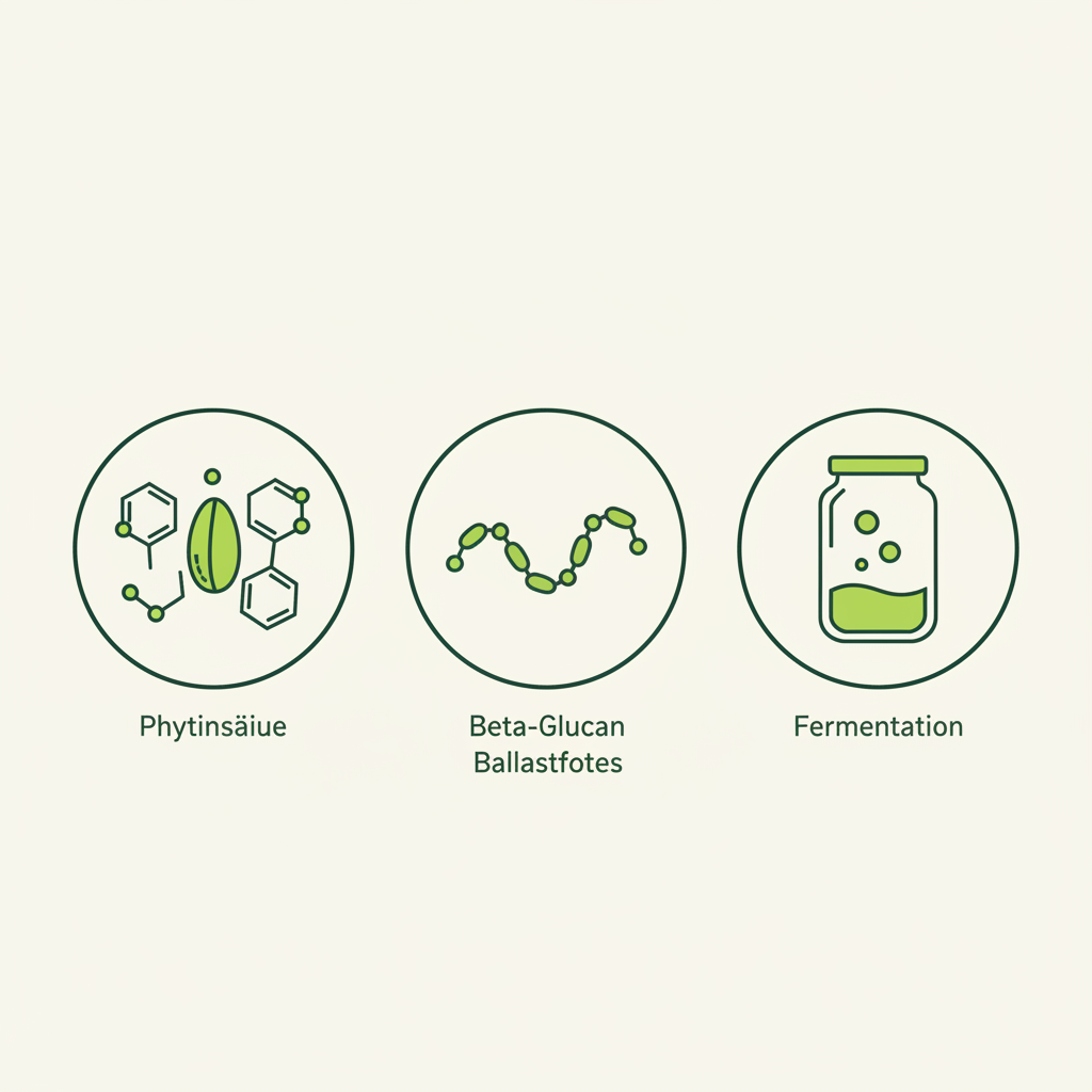 Minimalistische 2D-Vektor-Infografik zu Warum morgens keine Haferflocken mit drei Icons: Phytinsäure, Beta‑Glucan und Fermentation auf Hintergrund #dbdbcf