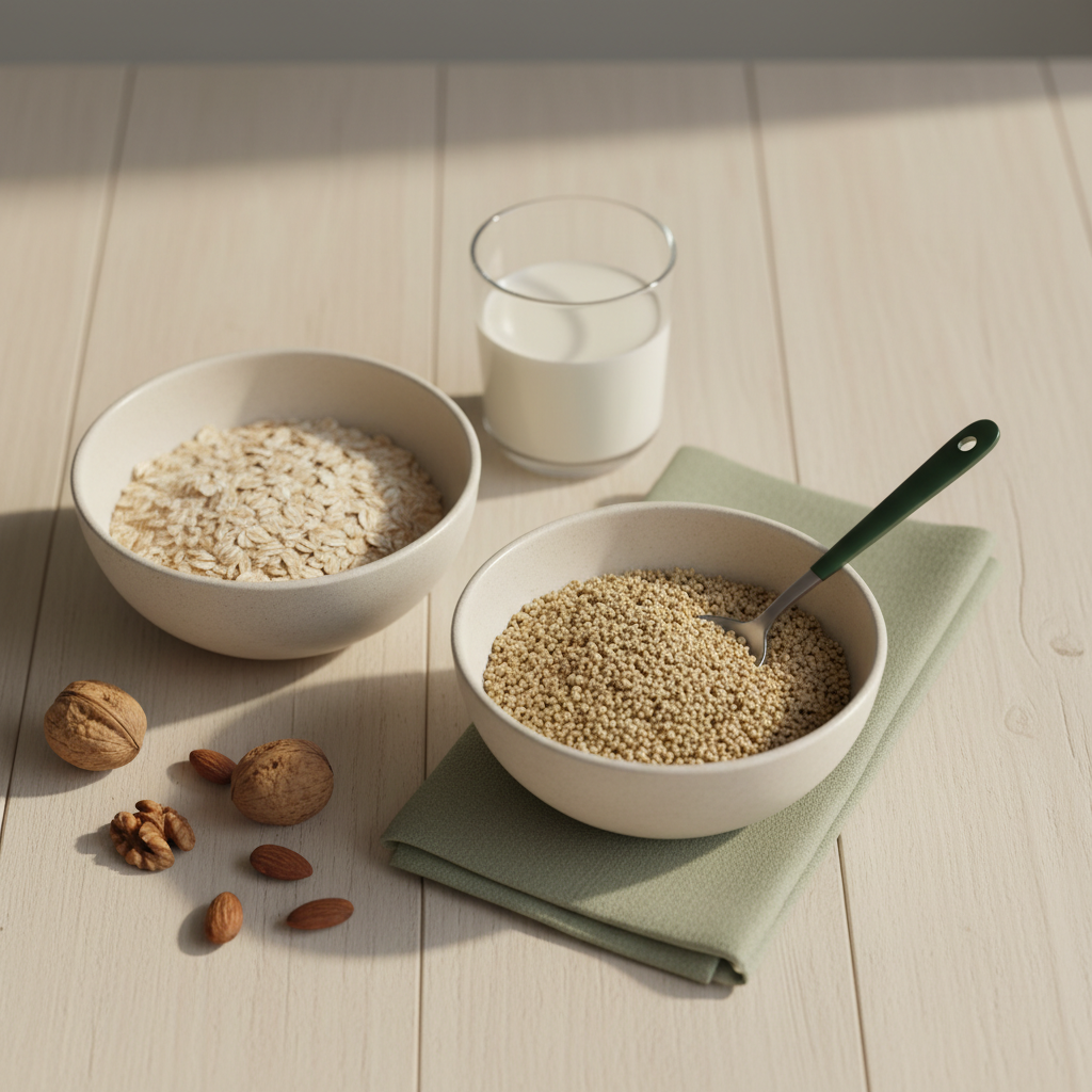 Warum morgens keine Haferflocken – realistisches, helles Frühstück mit groben Haferflocken, Quinoa, Nüssen und Glas Milch auf hellem Holztisch, minimalistisches Layout.