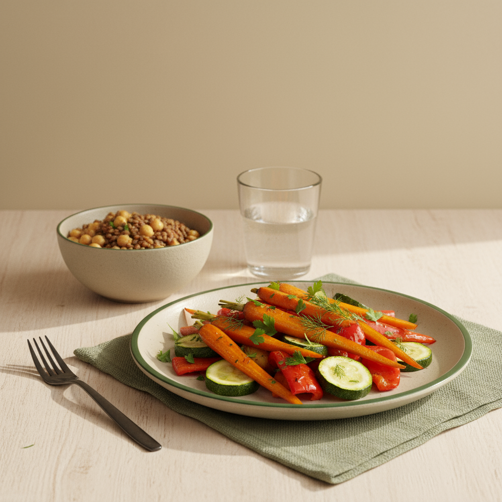 Minimalistische Tischszene mit Ofengemüse, Schale Hülsenfrüchte und Glas Wasser zum körper entgiften, warmes heimisches Ambiente, Hintergrund #dbdbcf