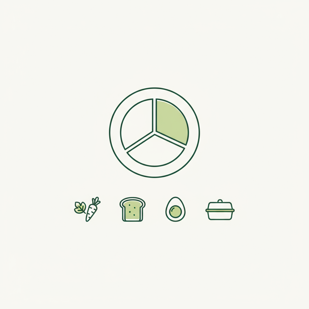 Minimalistische 2D-Vektor-Infografik mit Tellerregel-Icon und vier Icons für Gemüse, Vollkorn, Protein und Meal-Prep – visuelle Hilfe, gesunde Ernährung anfangen