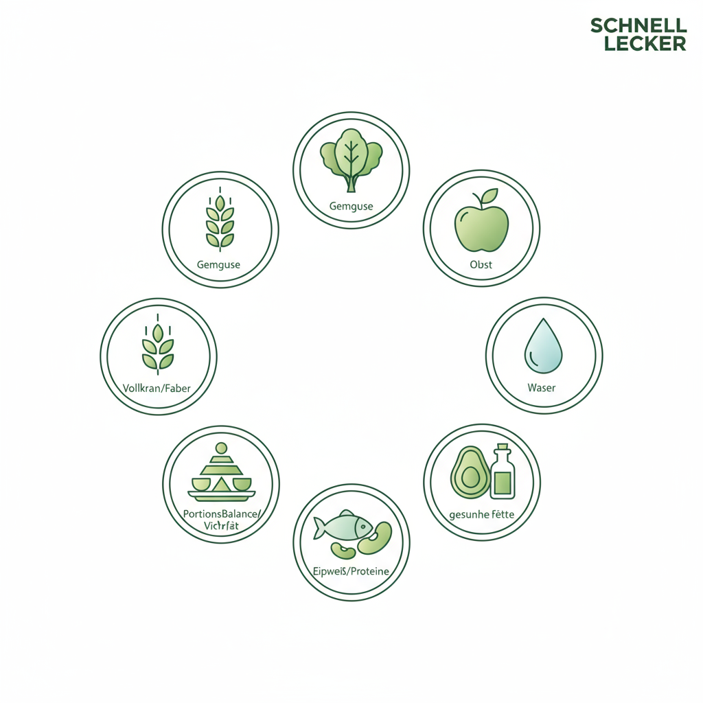 sieben Säulen einer gesunden Ernährung: minimalistische 2D-Vektor-Infografik mit sieben klaren Icons (Gemüse, Obst, Vollkorn, Wasser, Eiweiß, Fette, Portionen) in Schnell Lecker Farben