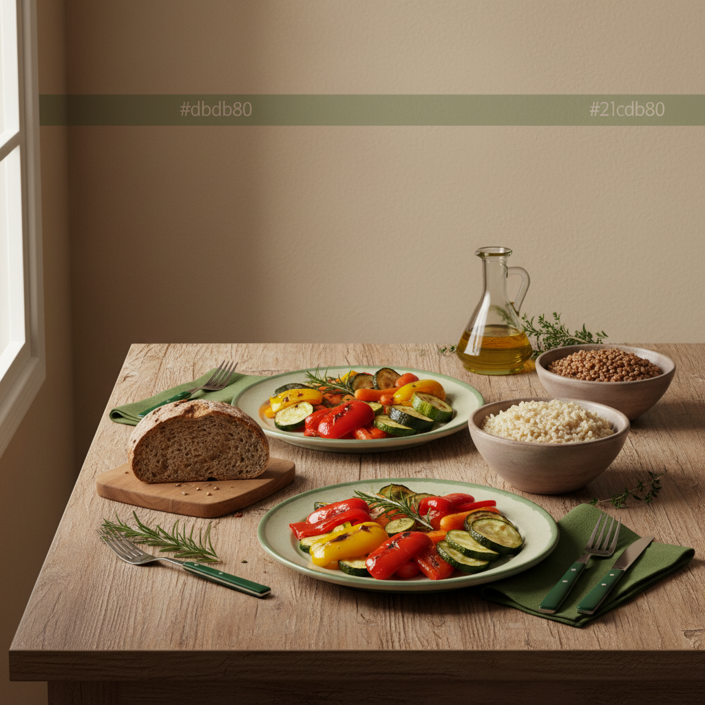 Heimische europäische Küchen-Szene mit saisonalem Gemüse, Vollkorn und Hülsenfrüchten auf rustikalen Tellern, minimalistisches Layout – sieben Säulen einer gesunden Ernährung