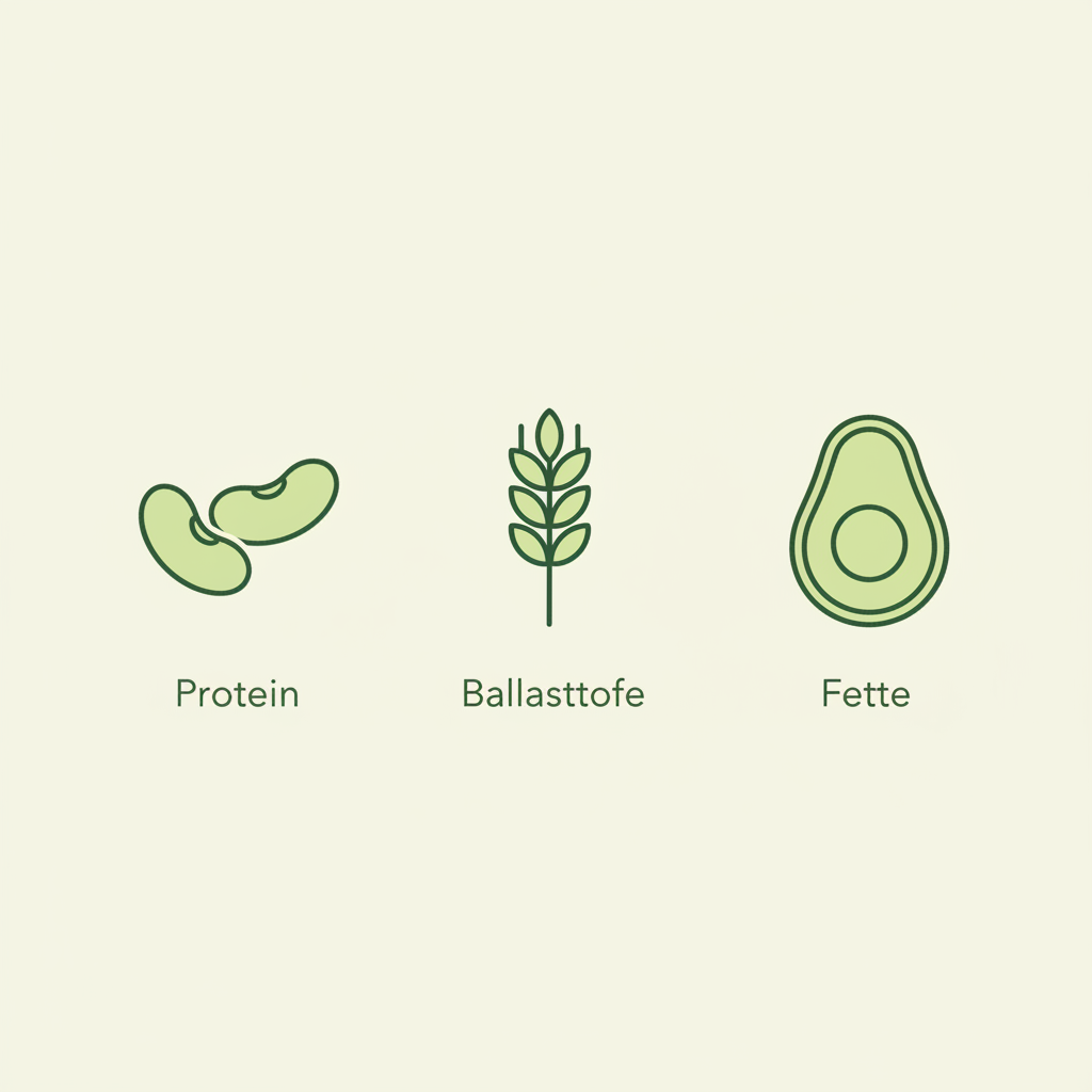 Minimalistische Vektor-Infografik mit Icons für Protein, Ballaststoffe und Fette in Markenfarben – gesundes Frühstück.