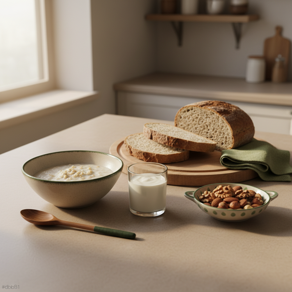 Warm-minimalistisches europäisches Frühstück mit Haferbrei, Joghurt, Brot und Nüssen auf #dbdbcf Hintergrund, schlichte Küchendeko – gesundes Frühstück