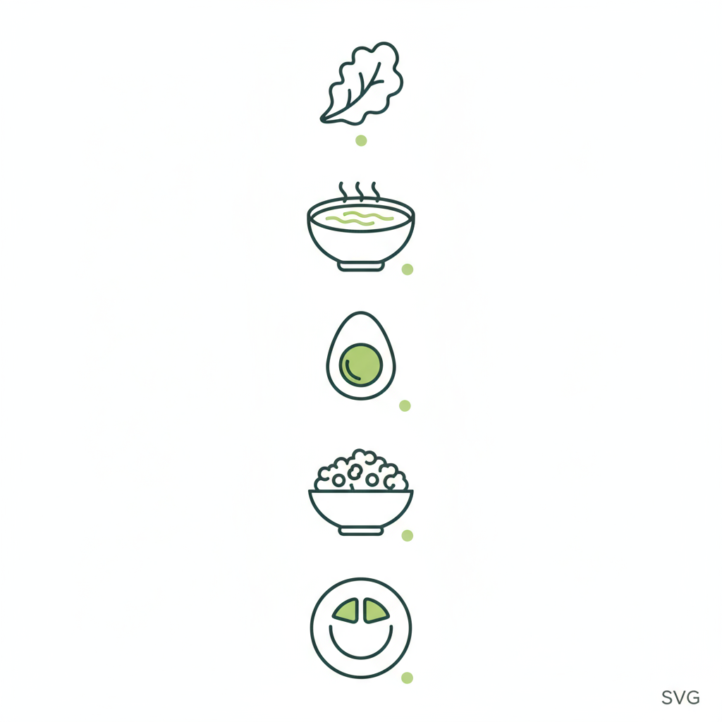 Infografik mit minimalistischen Vektor-Icons für Gemüse, Suppe, Protein, Popcorn und Portionsgrößen – Was kann man essen mit sehr wenig Kalorien?