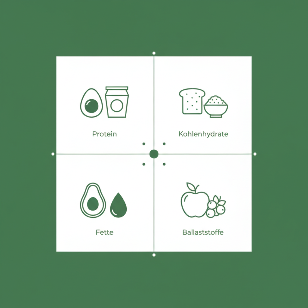 Minimalistische 2D-Vektor-Infografik mit vier Icons für die Säulen eines gesunden Frühstücks: Protein, komplexe Kohlenhydrate, gesunde Fette, Ballaststoffe.