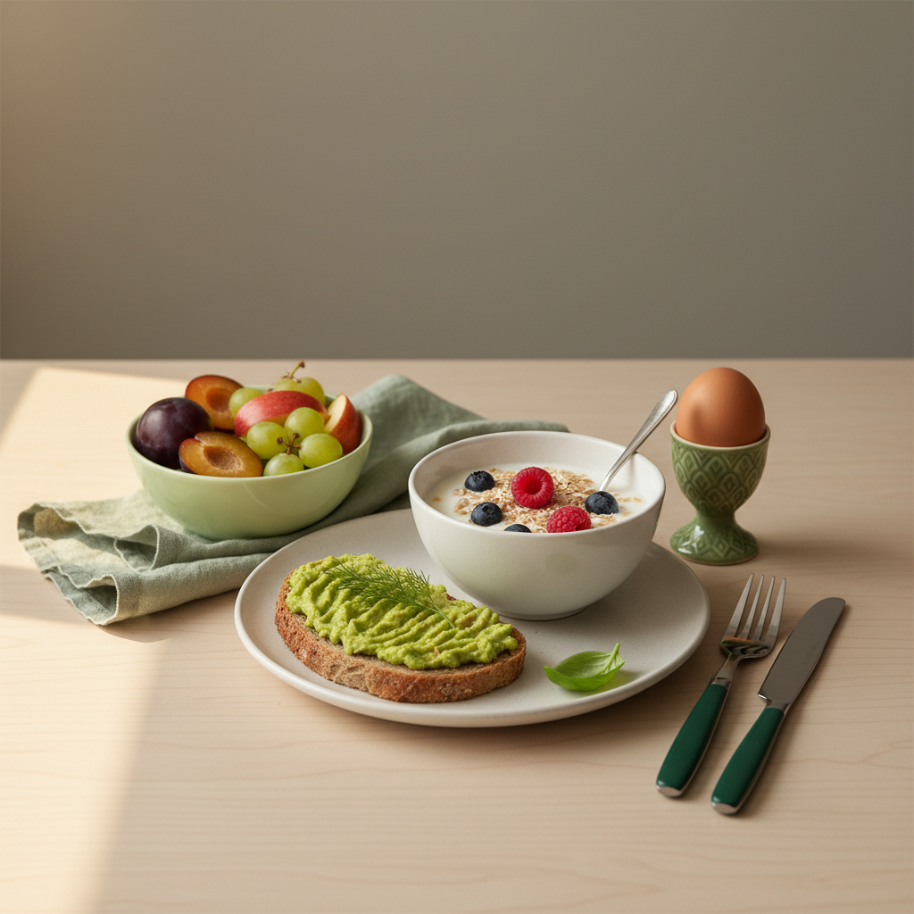 Minimalistisches, heimeliges gesundes Frühstück auf Holztisch mit Joghurt und Haferflocken, weich gekochtem Ei, Vollkornbrot mit Avocado und saisonalen Früchten vor #dbdbcf Hintergrund