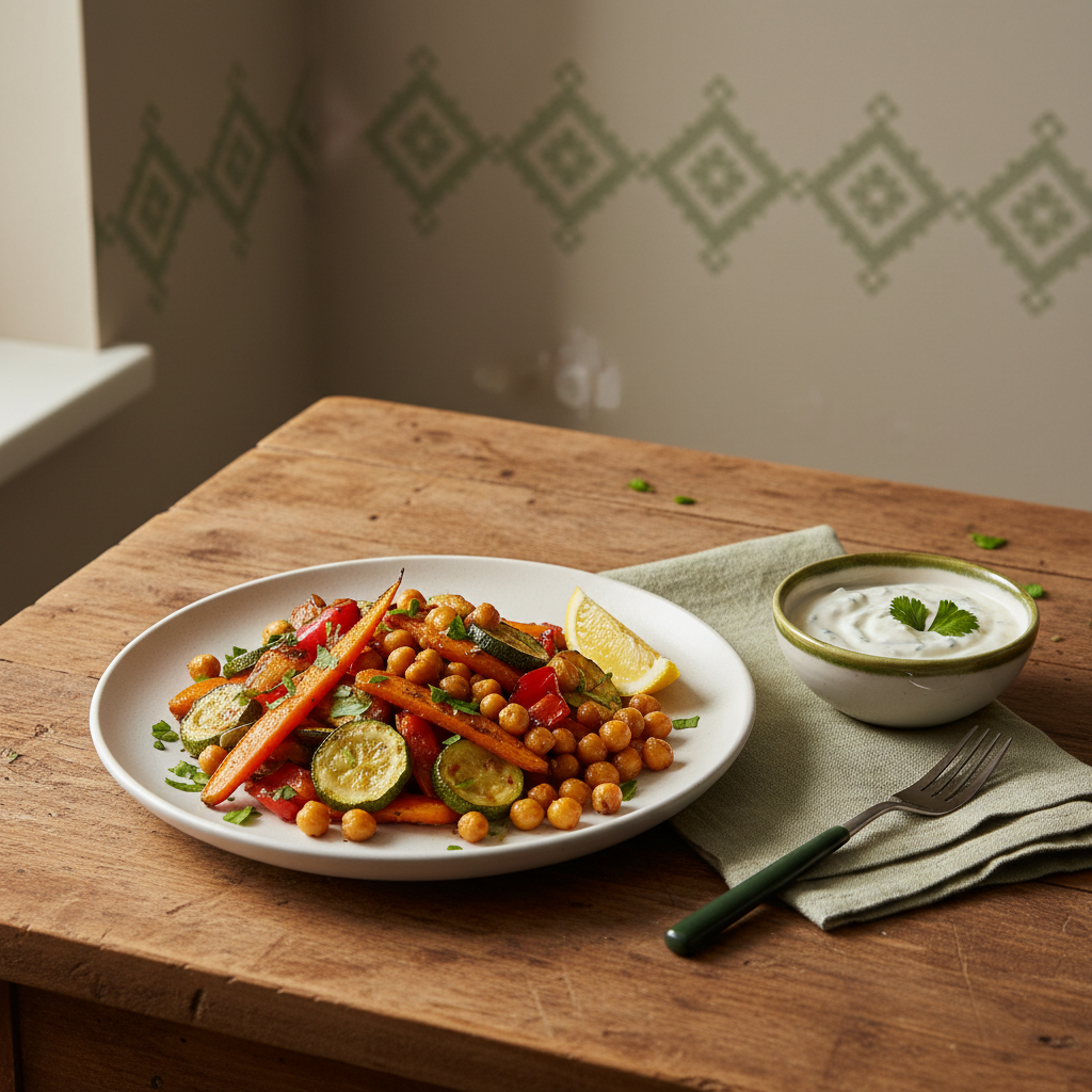 Vollformataufnahme eines minimalistisch arrangierten Tellers mit Ofengemüse, Kichererbsen, Zitronenscheibe und Joghurt‑Tahini, warme heimelige Stimmung, wenig Kalorien