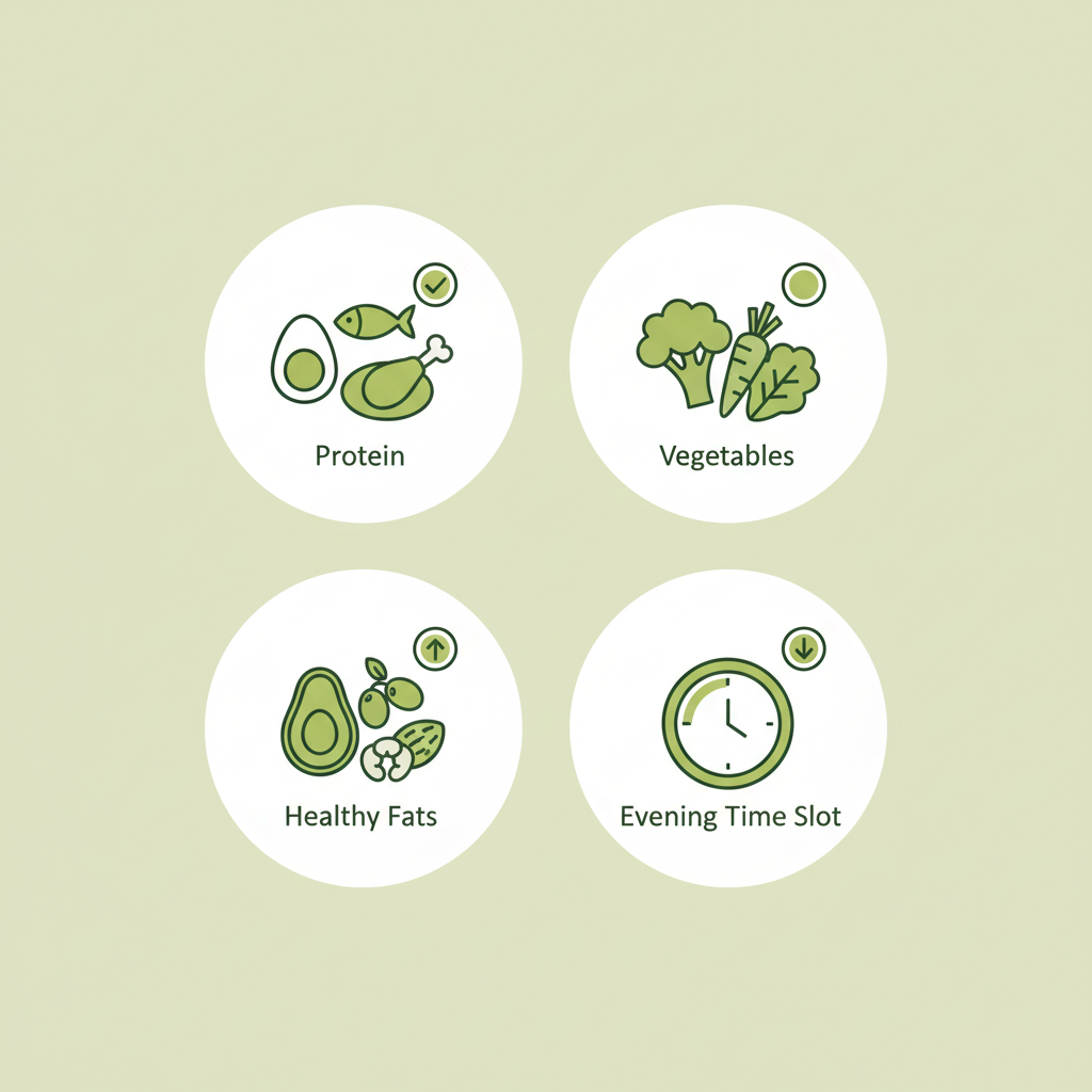 Infografik mit minimalistischen Vektor-Icons zu Protein, Gemüse, gesunden Fetten und Abend-Zeitfenster — Was kann man am Abend essen, um abzunehmen?