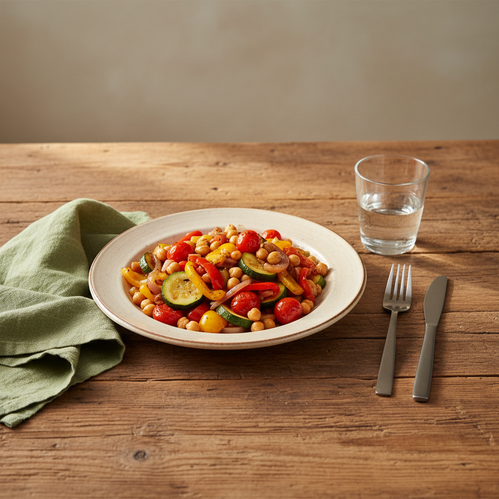 Hausgemachtes Abendessen: Gemüsepfanne mit Kichererbsen auf Holztisch, minimalistisches Setting – Was kann man am Abend essen, um abzunehmen?