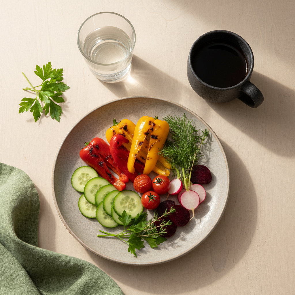 Full-Frame Essteller mit saisonalem Gemüse, Kräutern, Tasse schwarzem Kaffee und Glas Wasser in warmem, minimalistischen Schnell Lecker Stil – 0 kcal