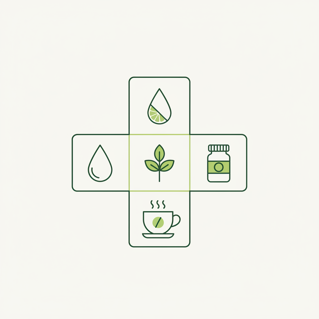 Minimalistische 2D-Vektor-Infografik mit Icons für Wasser, Zitrone, Kräuter, Kaffee und Gewürze auf #dbdbcf Hintergrund, thematisch zu 0 kcal Getränken