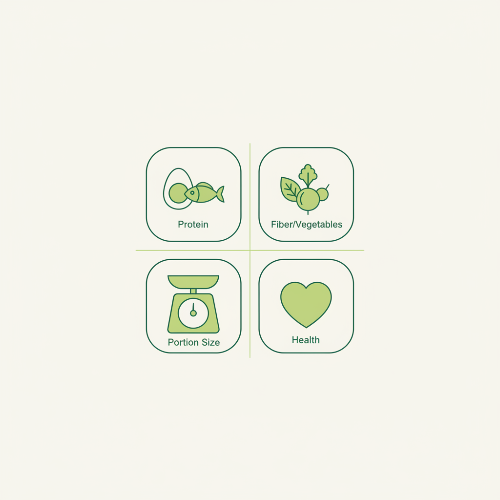 Minimalistische 2D-Infografik mit vier Vektor-Icons (Protein, Gemüse, Waage, Herz) in Schnell Lecker Farben zur Übersicht einer 1000 Kalorien Mahlzeit