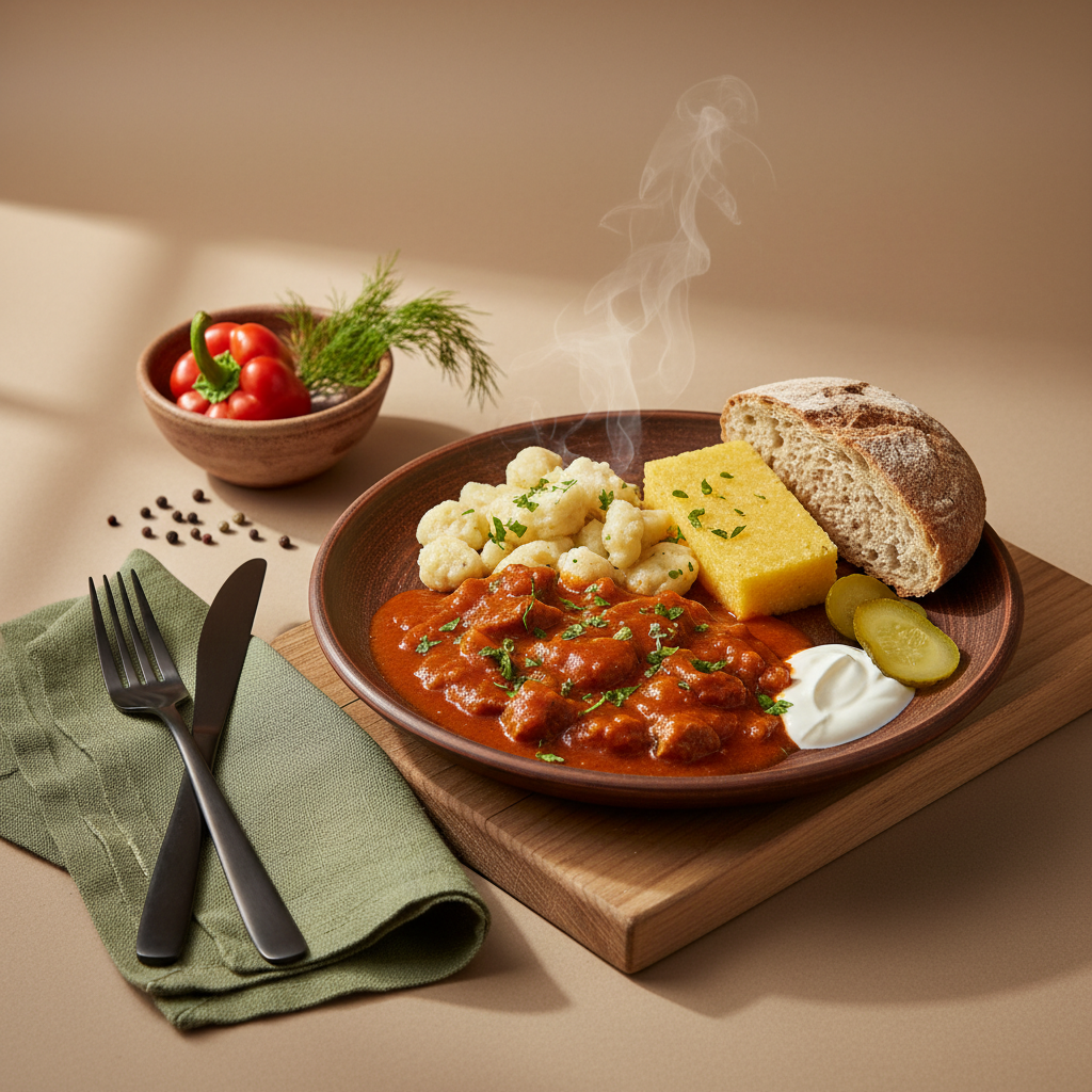 1000 Kalorien: Vollbildaufnahme einer realistischen ungarisch‑rumänisch inspirierten Mahlzeit mit Paprika‑Eintopf, rustikalem Brot und frischer Petersilie auf #dbdbcf Hintergrund.