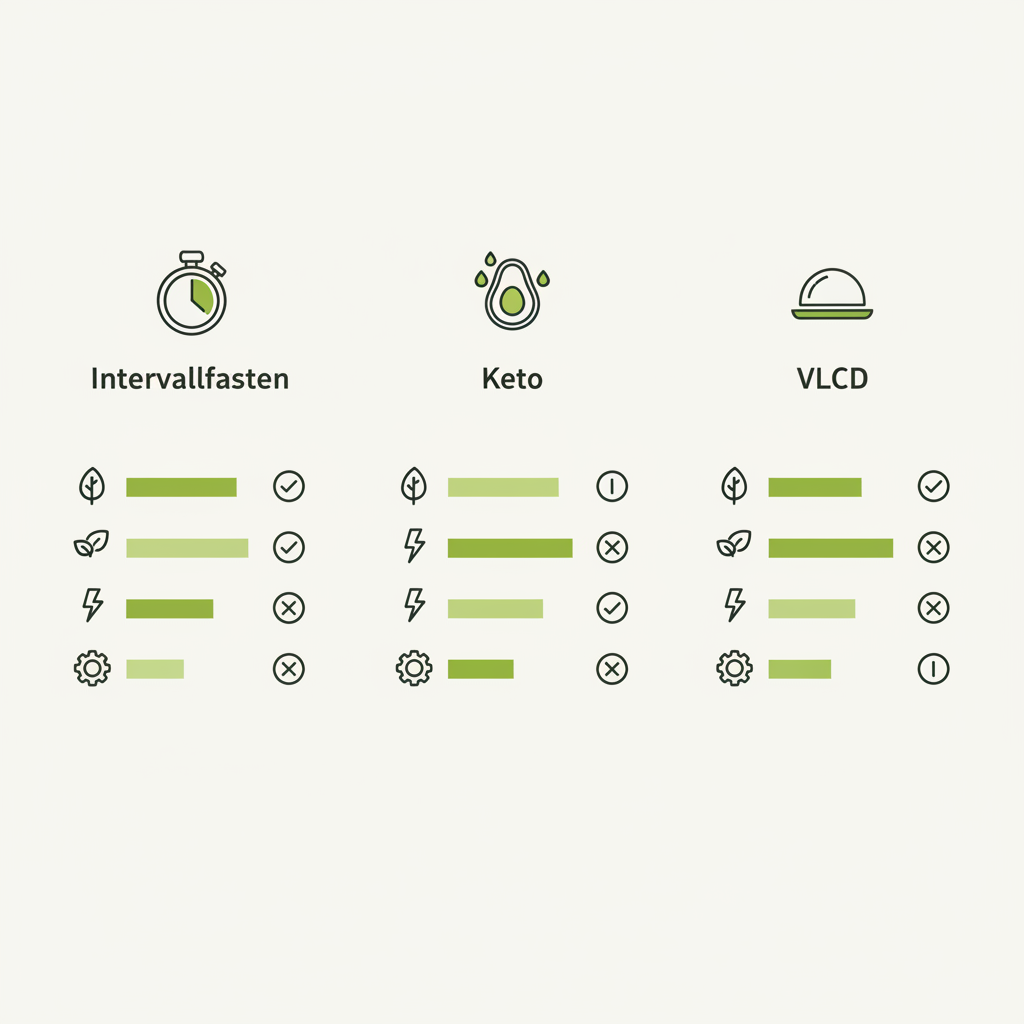 Minimalistische 2D-Infografik: Vergleich Intervallfasten, Keto und VLCD in Markenfarben als Vektoricons, geeignet für Artikel über schnell abnehmen