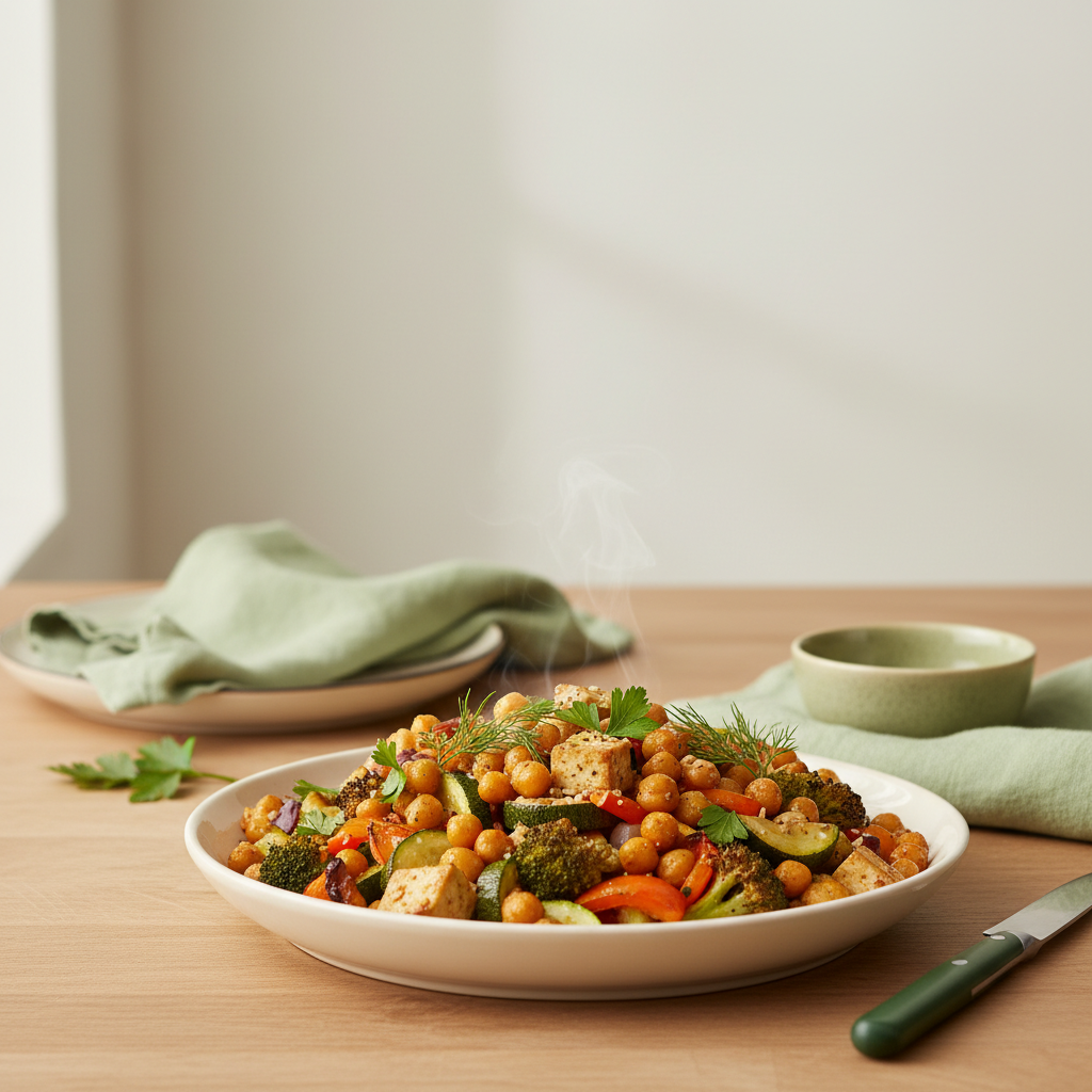 Heimisches Küchenstillleben mit gebratener Gemüse‑Protein‑Schale auf minimalistischem Hintergrund #dbdbcf und Akzenten #a5cd8d, ideal für schnell abnehmen