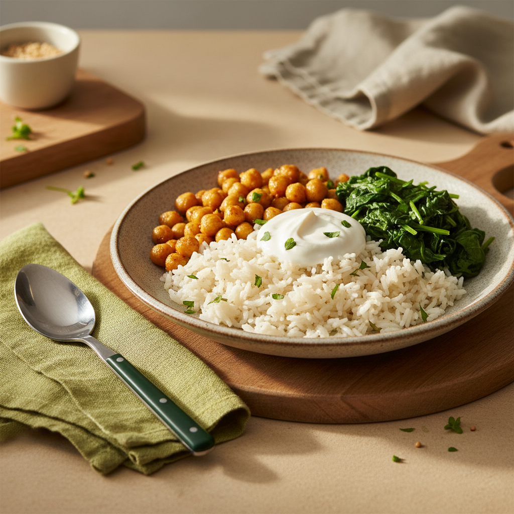 Nahaufnahme eines rustikalen Tellers mit Reis, Kichererbsen, gedünstetem Spinat und Joghurtlöffel auf minimalem warmem Hintergrund – 10 kg abnehmen