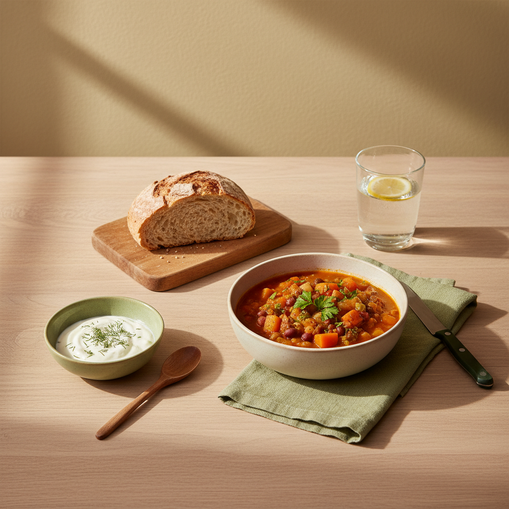 Minimalistische heimische Küchenszene mit gedecktem Tisch, einfachen Gerichten und Brandfarben (#dbdbcf, #a5cd8d) – Tipps zum Abnehmen