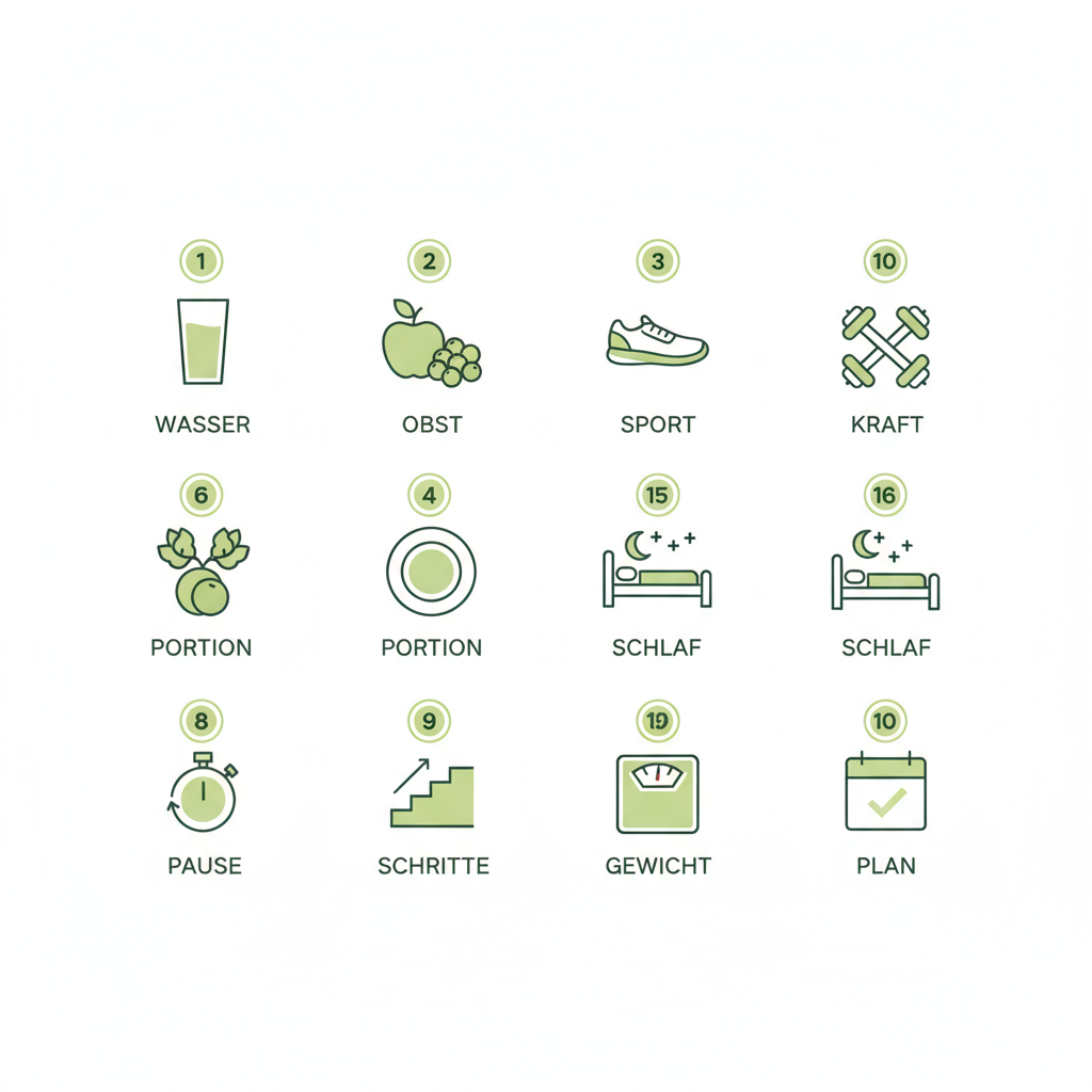 Minimalistische 2D-Vektor-Infografik mit 10 nummerierten Icons für Tipps zum Abnehmen, flacher Stil, Hintergrund #dbdbcf und Akzente #a5cd8d, Linien #21431f.