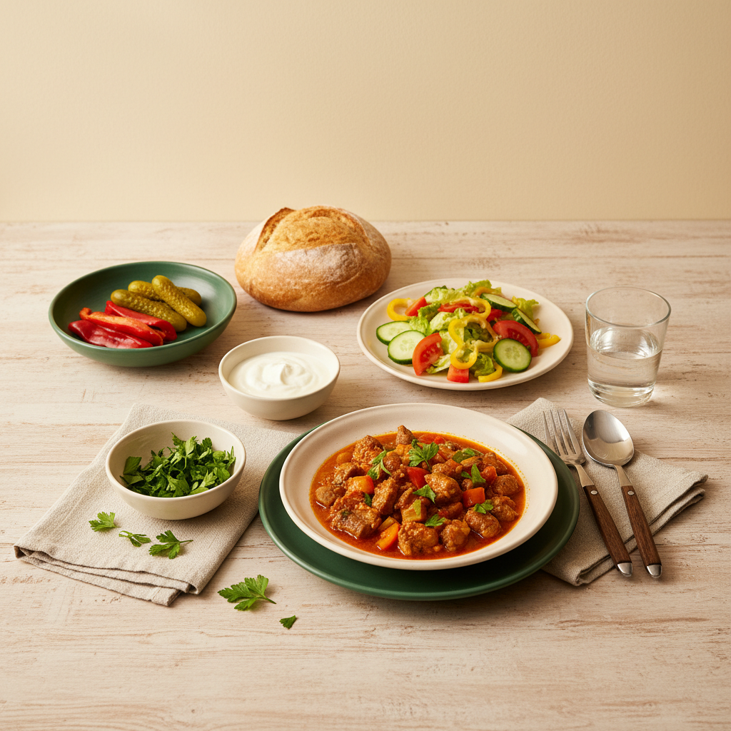 Aufgeräumter, heimeliger Küchentisch mit europäischer Mahlzeit (Brot, Eintopf, Salat, frische Kräuter) vor hellem #dbdbcf Hintergrund, minimalistisch, günstig online Lebensmittel