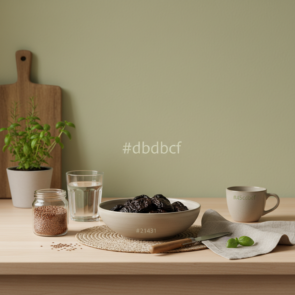 Was hilft schnell gegen Verstopfung: Schüssel mit getrockneten Pflaumen, kleines Glas Leinsamen, Glas Wasser und Tasse Kaffee auf minimalistischem Holztisch.