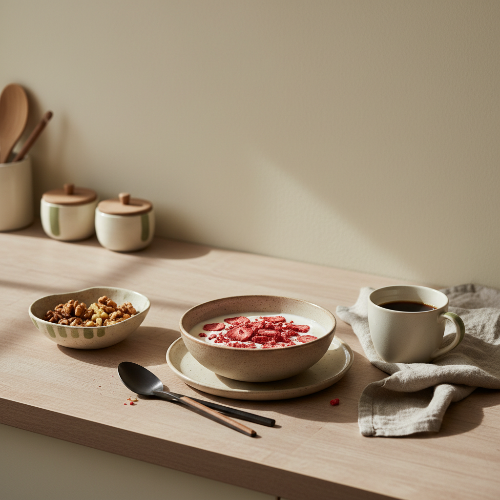 Minimalistisches Frühstück mit Joghurt und gefriergetrocknete Erdbeeren in Keramikschale auf Holzplatte, helles Tageslicht, grün-beige Farbpalette, aufgeräumte Küchenstimmung