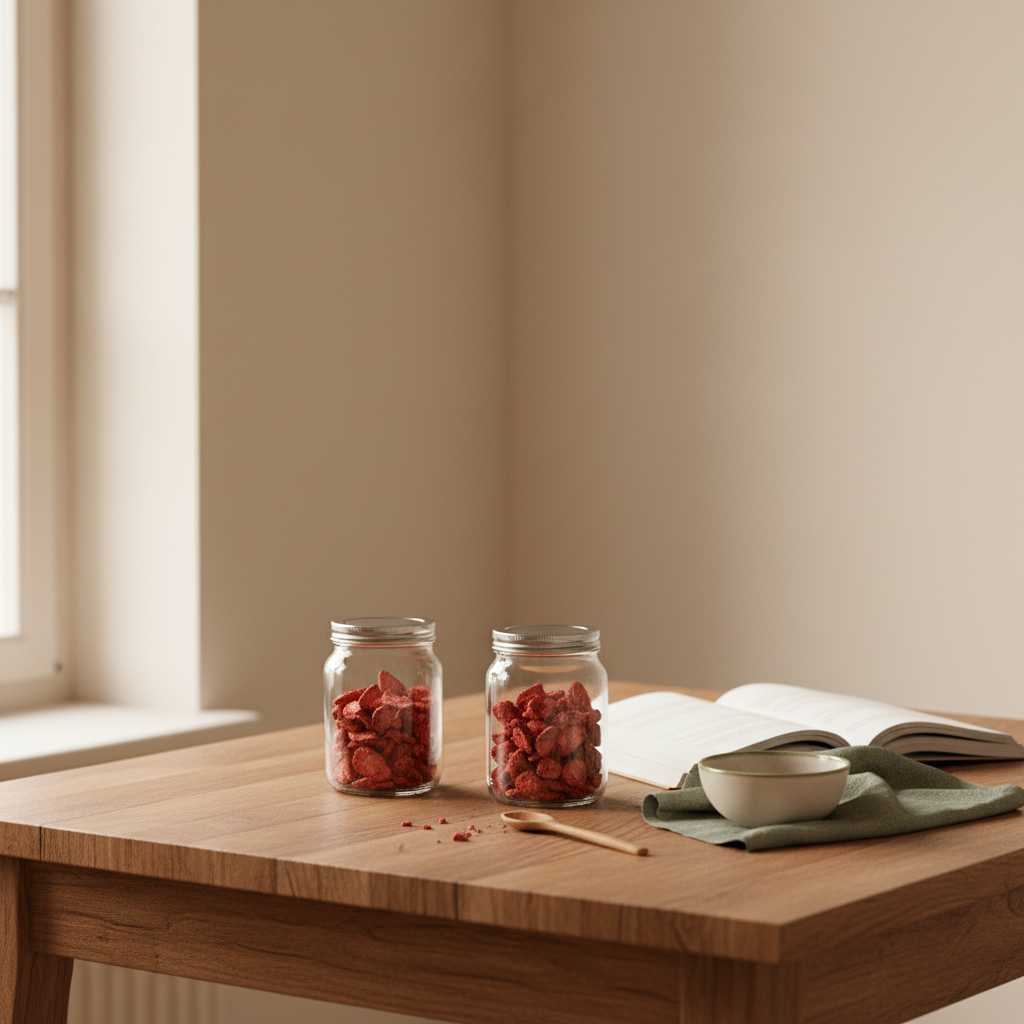 Warme, minimalistische Küche mit Holz­tisch und Gläsern gefriergetrockneter Erdbeeren, offenes Rezeptbuch vor #dbdbcf Hintergrund – Warum sind gefriergetrocknete Erdbeeren so teuer