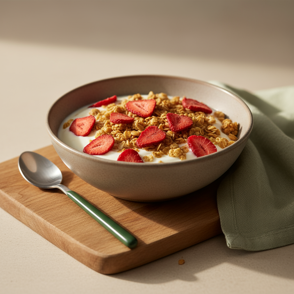 Nahaufnahme eines minimalistischen Frühstücks mit Joghurt, Müsli und gefriergetrockneten Erdbeeren auf hellem Hintergrund in den Schnell Lecker Brandfarben