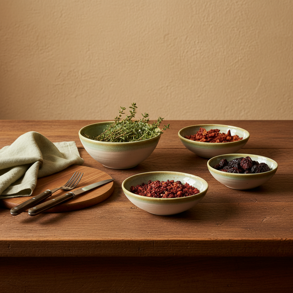 Heimische europäische Küchenaufnahme mit Holztisch, Schüsseln mit getrockneten Kräutern und Früchten, warme Beleuchtung und reduzierte Ästhetik, Hintergrund #dbdbcf, Gefriertrocknung Nachteile