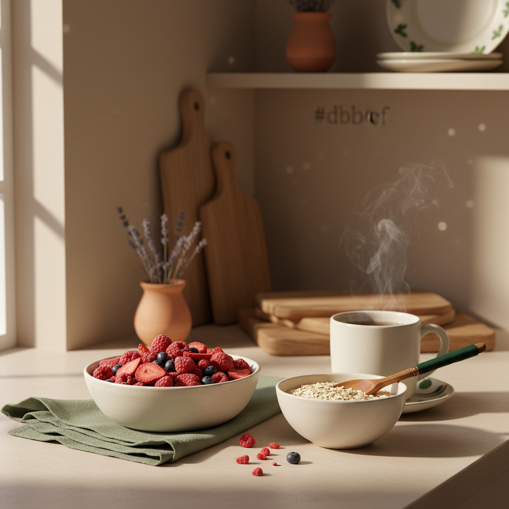 Aufgeräumte, warme Küchenszene mit einer Schale gefriergetrocknetes Obst neben Haferflocken und einer Tasse Tee, heller Hintergrund #dbdbcf, Akzent #a5cd8d.