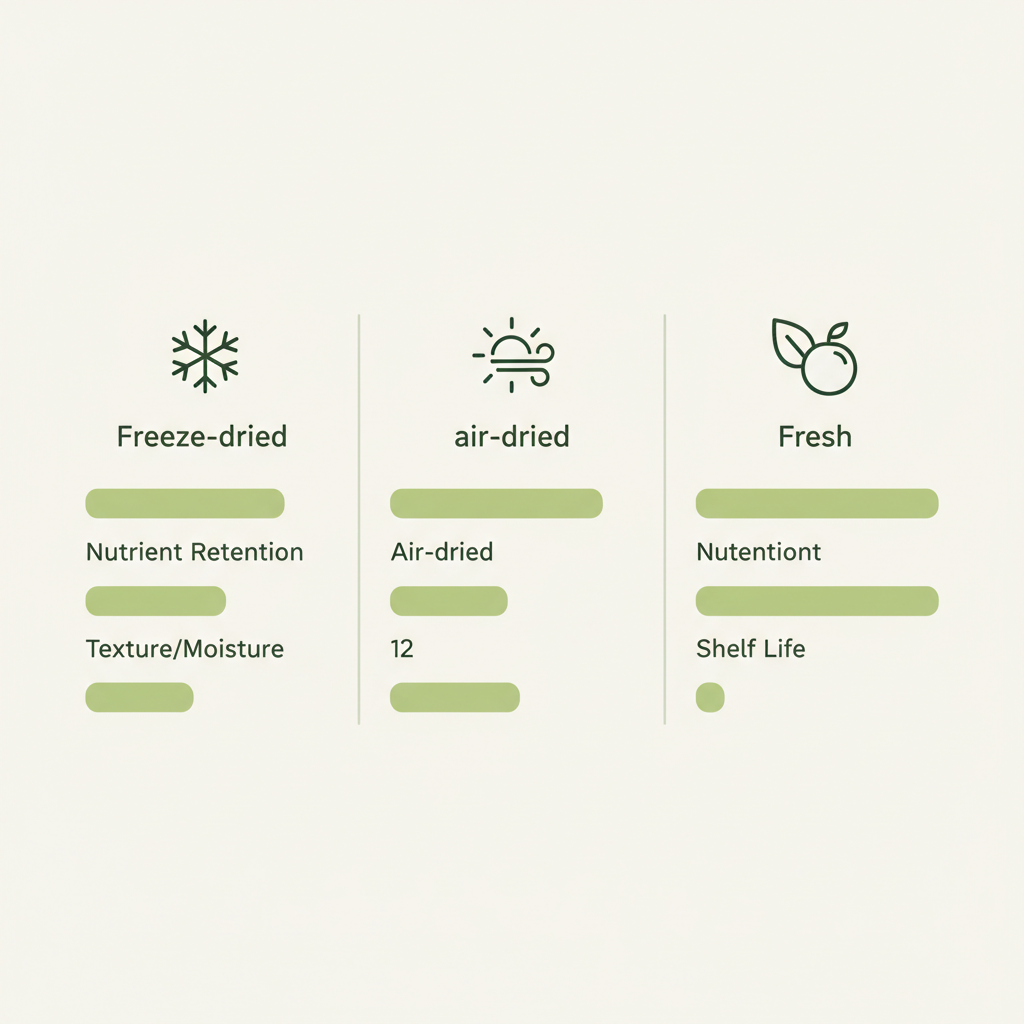 Minimalistische 2D-Vektor-Infografik Vergleich gefriergetrocknetes Obst vs luftgetrocknet vs frisch mit Icons für Nährstofferhalt, Feuchte und Haltbarkeit in Schnell-Lecker-Farben