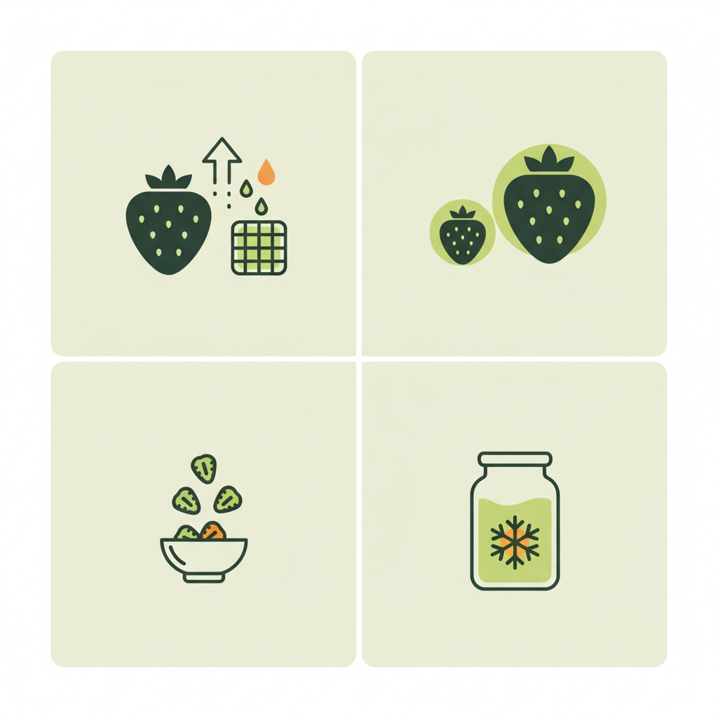 Minimalistische Vektor-Infografik mit Icons zu Wasserentzug, Kalorienvergleich (kleine vs. große Erdbeere), Portions-Tipps und Lagerung. Kalorien gefriergetrocknete Erdbeeren