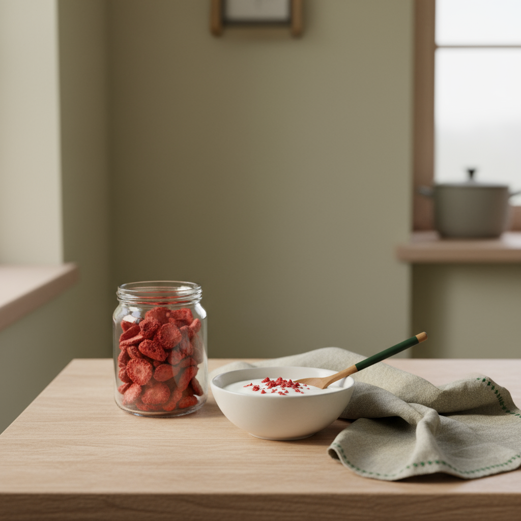 Nahaufnahme einer Holzplatte mit Glas gefriergetrocknete Erdbeeren, Schüssel Joghurt mit Krümeln und rustikalem Leinen vor Hintergrund #dbdbcf, dezente Akzente #a5cd8d.