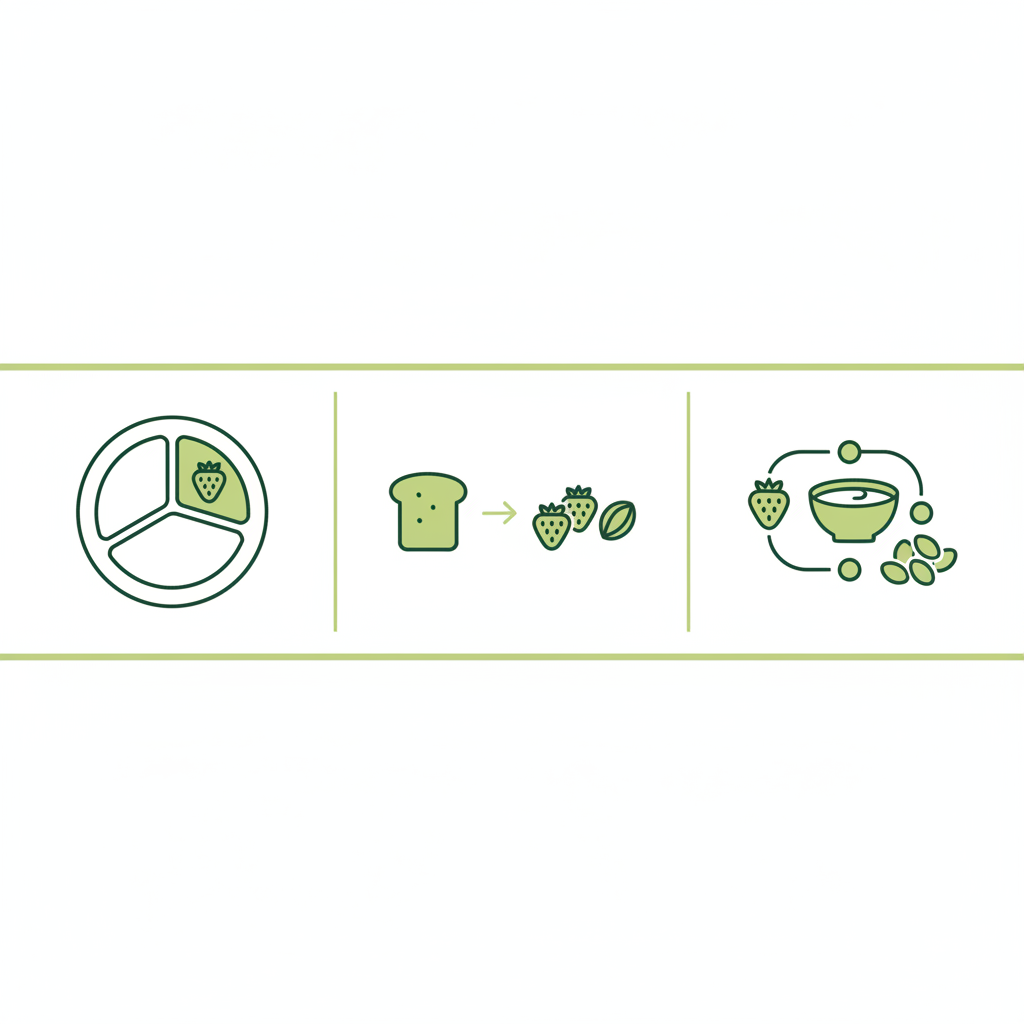 Infografik in Markenfarben zeigt Portionsgrößen, Kohlenhydrat‑Swaps und Snackkombinationen mit gefriergetrocknete Erdbeeren Diabetiker