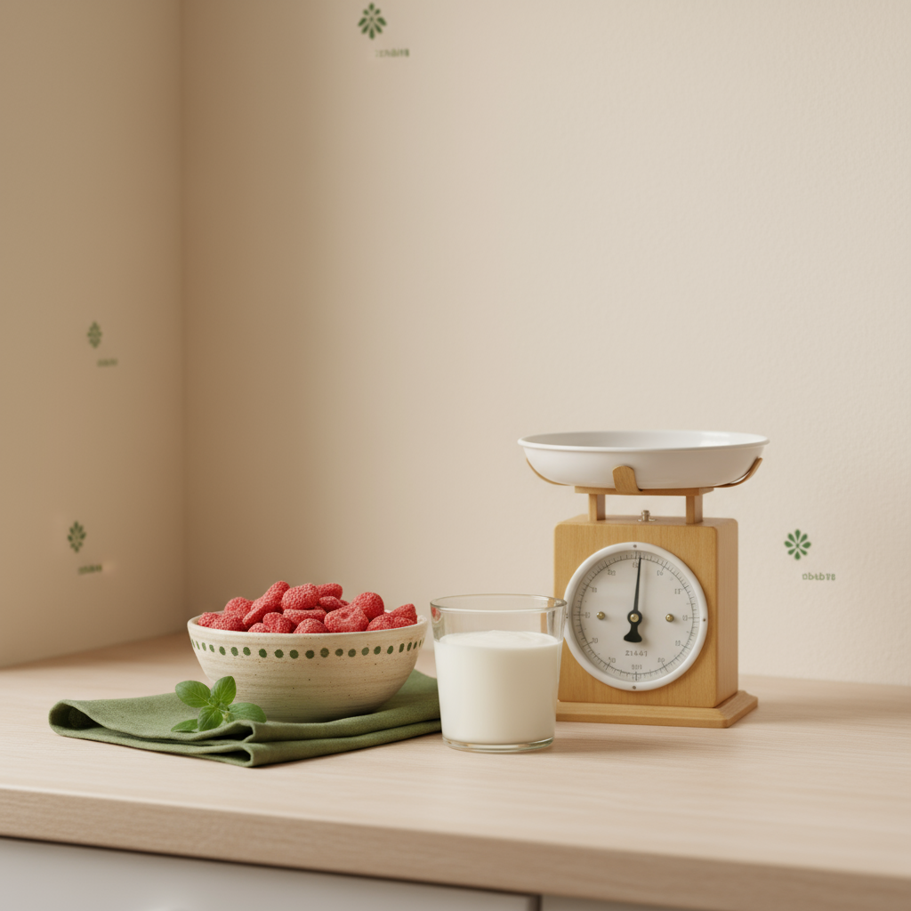 Nahaufnahme einer minimalistischen Küchenszene mit Schale gefriergetrocknete Erdbeeren Diabetiker, Joghurtglas und Küchenwaage auf Holzfläche vor #dbdbcf Hintergrund, warme, saubere Stimmung