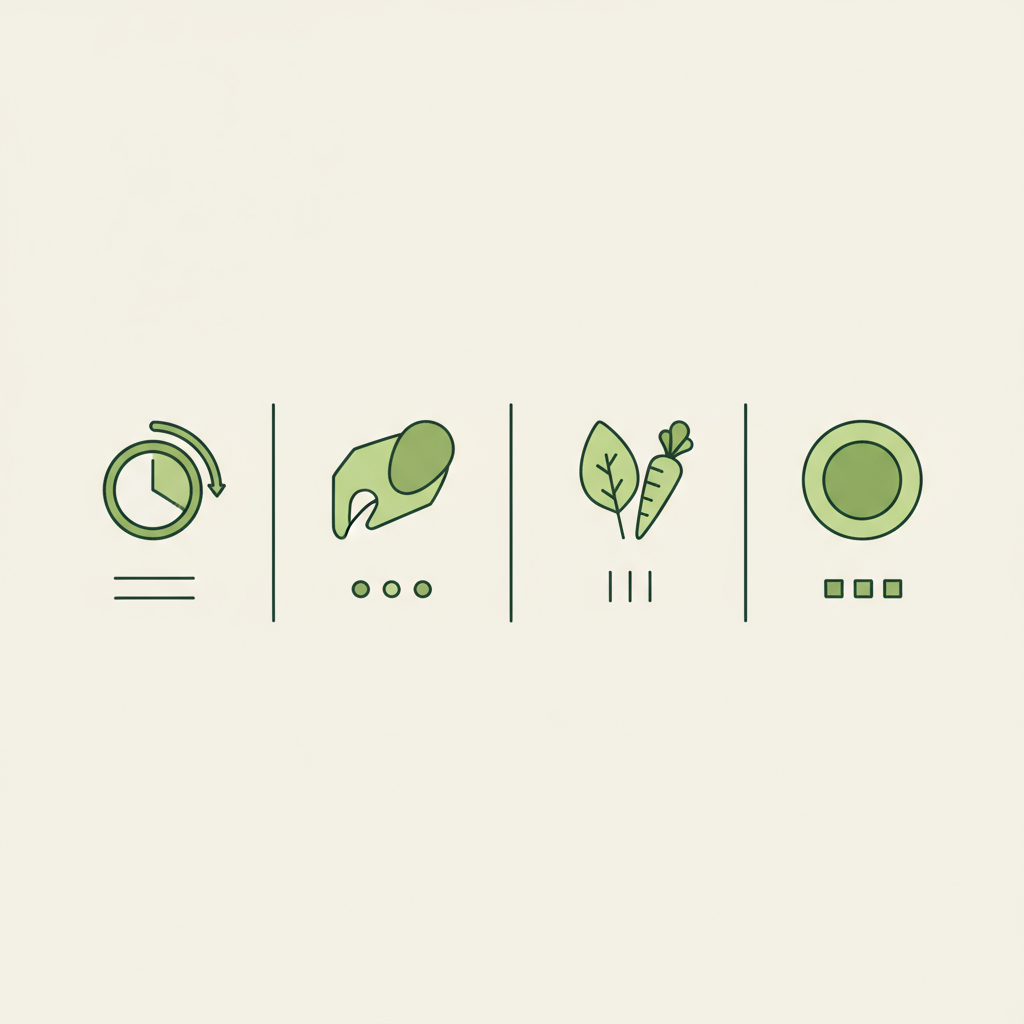 Minimalistische 2D-Vektorinfografik mit Uhr-, Protein-, Gemüse- und Portions-Icons in Schnell-Lecker-Farben, visualisiert Tipps zum 5 kg abzunehmen